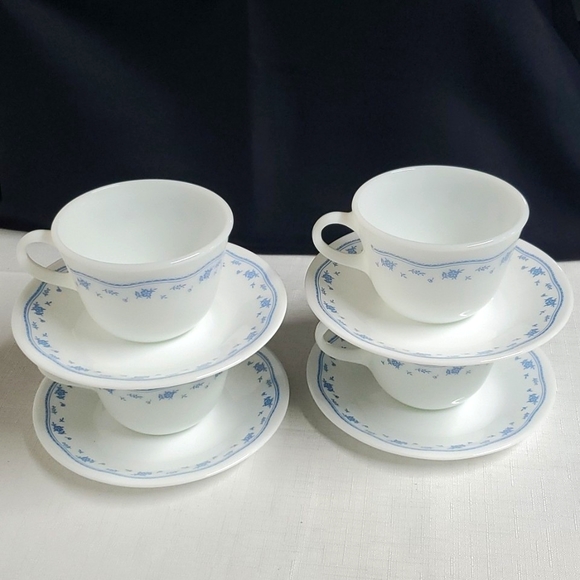4 Sets Pyrex Corelle Cups & Saucers  Matching Morning Blue Pattern Mugs - Picture 6 of 17